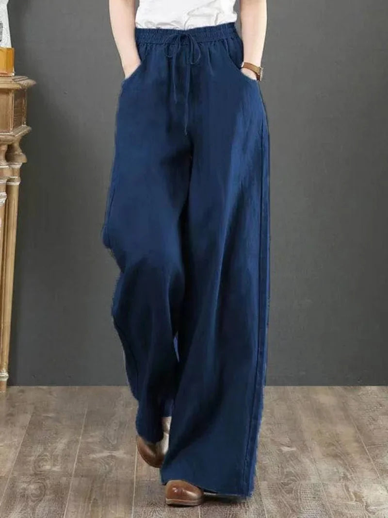 Wide Leg Pure Color Linen Pants For Women High Waist Drawstring Loose Fit Cotton Linen Trousers Plus Size White Long Pants