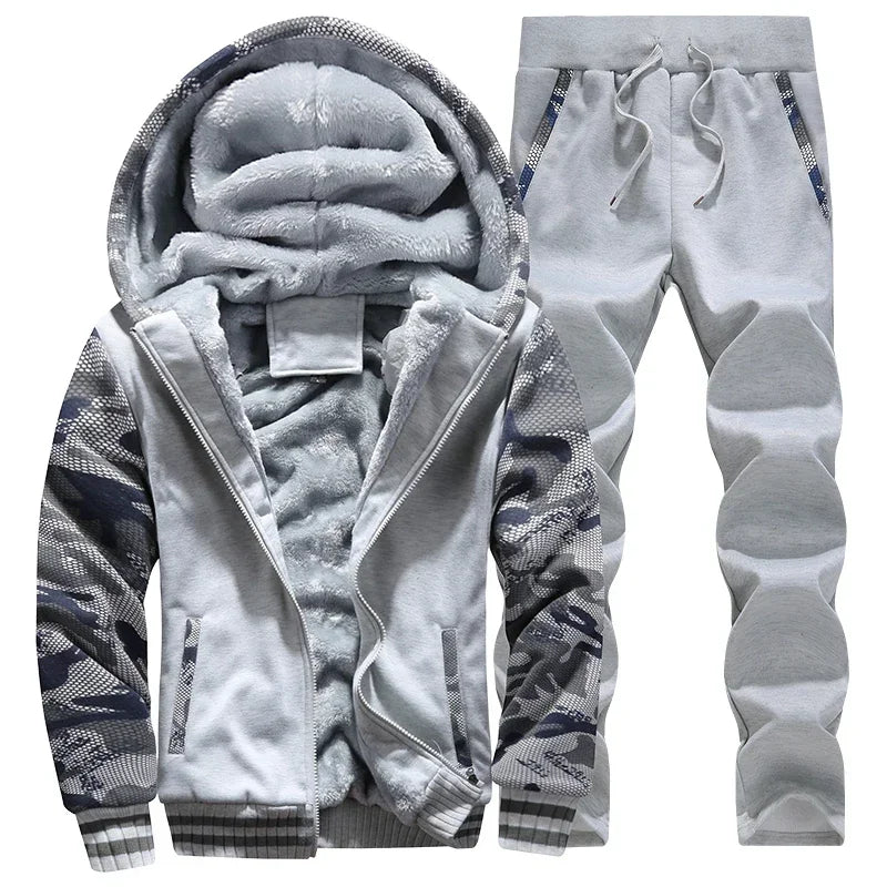 New Winter Fleece Thicken Men's Two-piece Zipper Sports Set Hooded Thermal Suit Casual Oversized Tracksuit 4XL 5XL Funny Suit