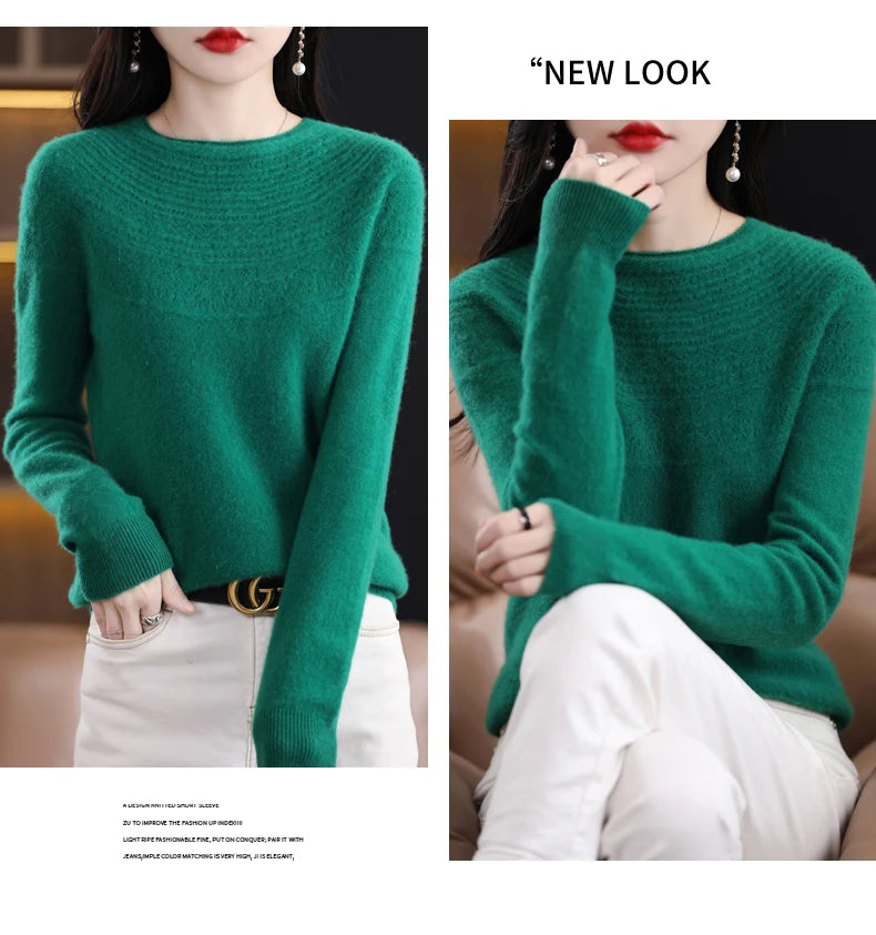 100% Merino Wool Knitted Sweater Autumn/Winter 2024 New Women's Round Neck Hollow Top 11 Color Pullover Versatile Coat NJR1107