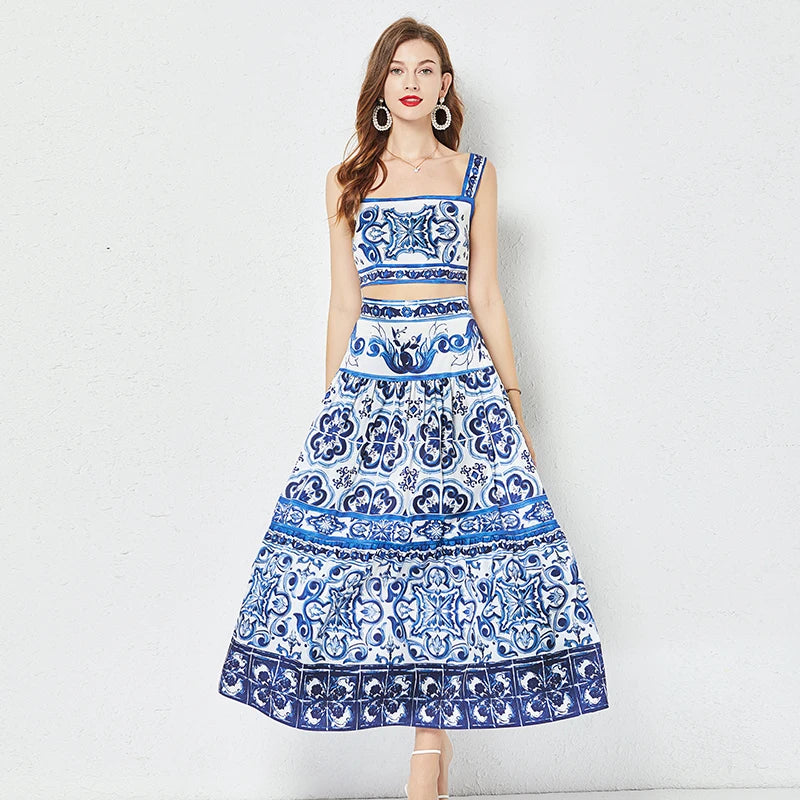 Summer Runway Blue And White Porcelain Two Piece Set Women Flower Print Short Crop Top + Holiday Beach Maxi Skirt Suits