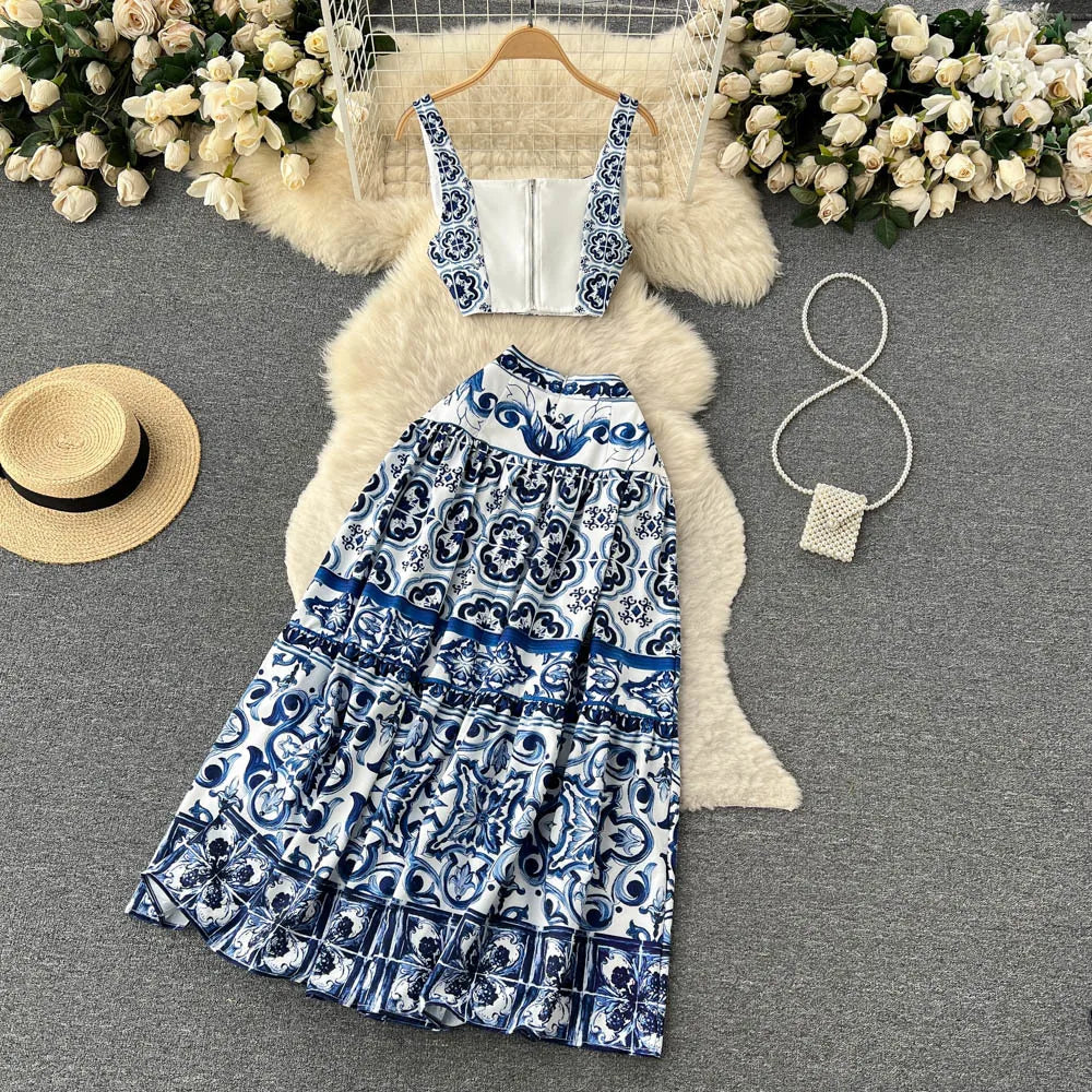 Summer Runway Blue And White Porcelain Two Piece Set Women Flower Print Short Crop Top + Holiday Beach Maxi Skirt Suits