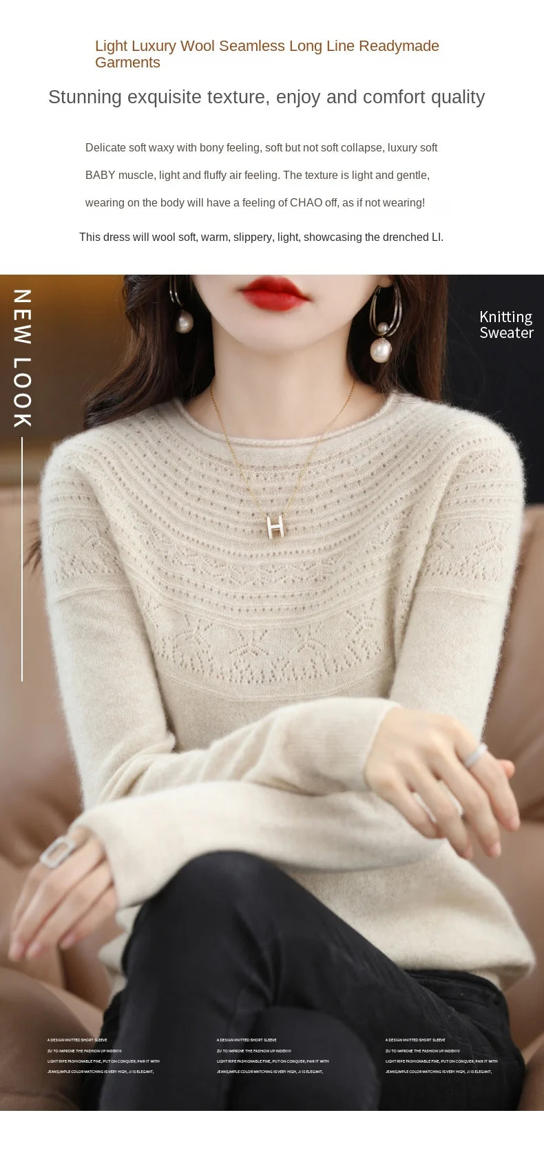 100% Merino Wool Knitted Sweater Autumn/Winter 2024 New Women's Round Neck Hollow Top 11 Color Pullover Versatile Coat NJR1107