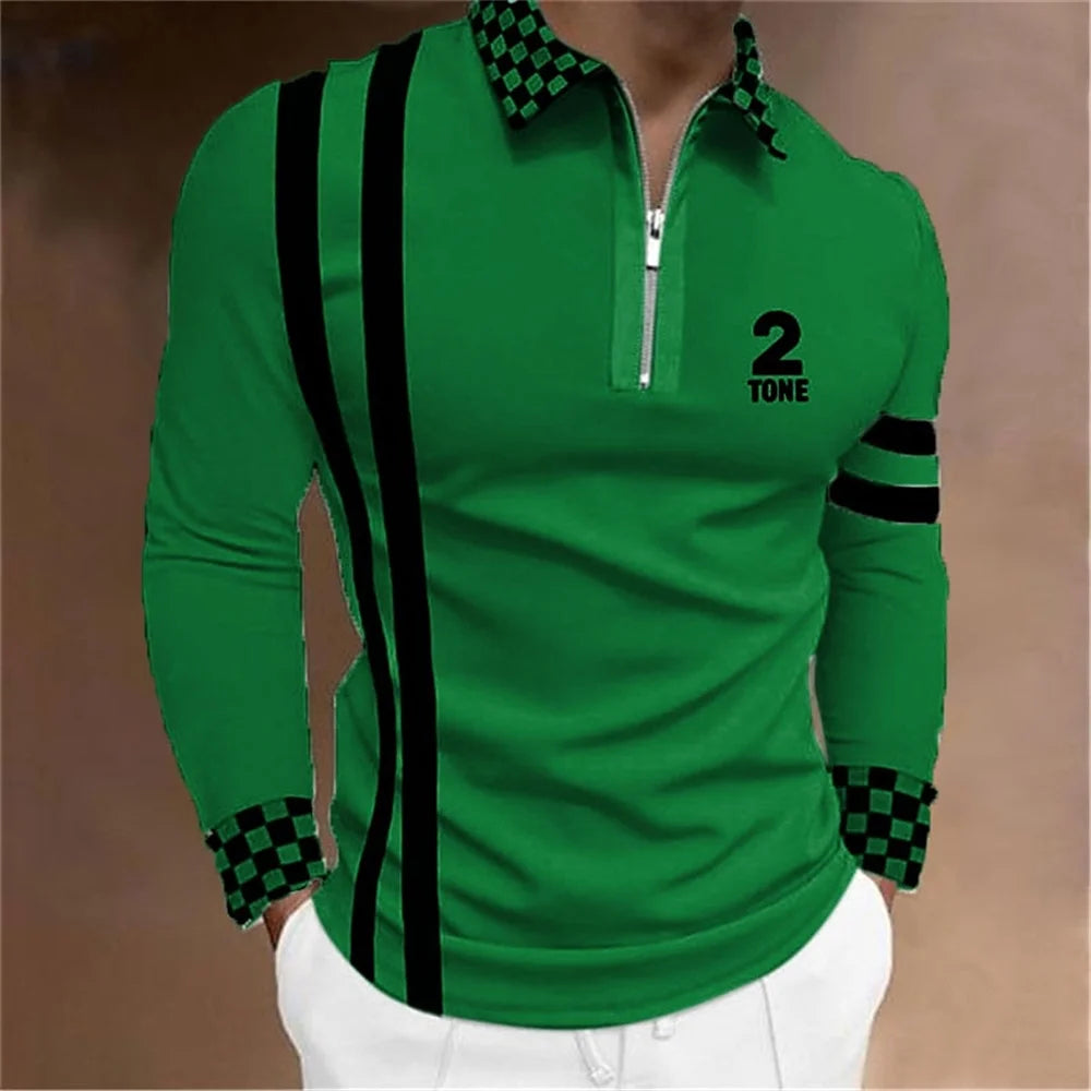 2024 New Fashion Men Long Sleeve Zipper Polo Shhirt , Abstract Appare  Men Casual Large Size Lapel Print Polo Shirt .