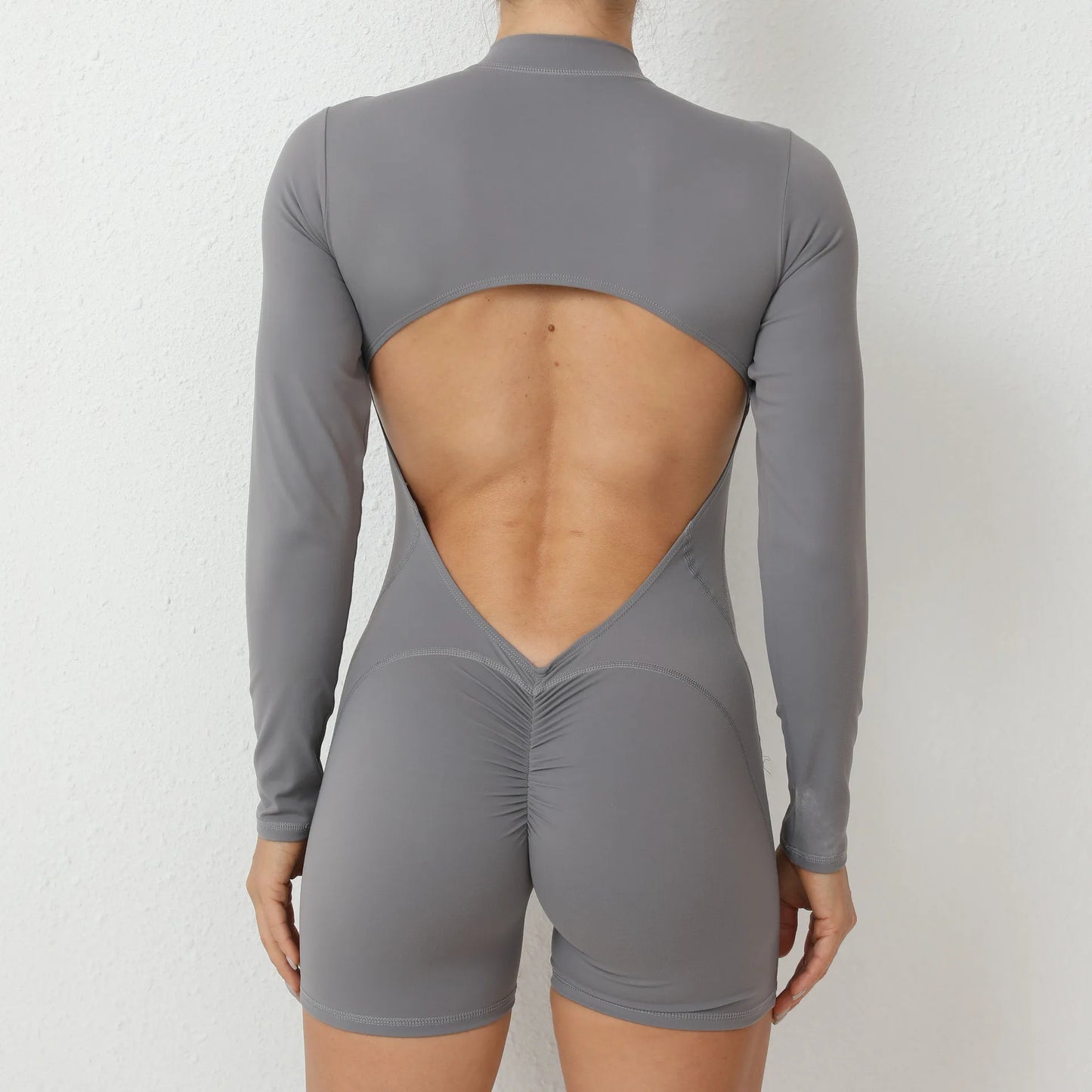 New Pad Zipper Long Sleeve Yoga Set Women One Piece Jumpsuit Gym Workout Shorts Fitness Stretch Bodysuit Sports Athletic Suit