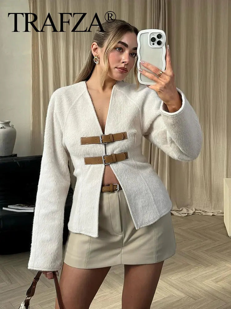 TRAFZA Retro Leather Buckle Woolen Coat Women Fashion Solid V Neck Long Sleeve Beige Jacket Autumn Spring Chic Female Streetwear