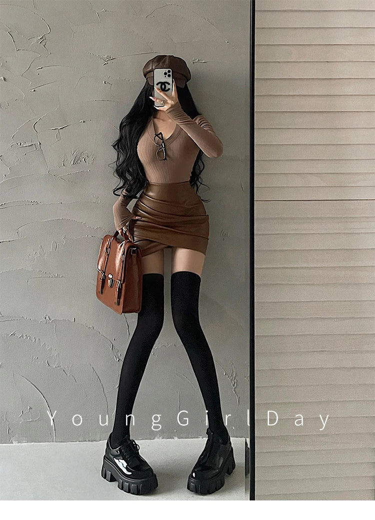 WOMENGAGA Spicy Girl Sexy High Waist Slim A-LINE Wrinkle Wrapped Hip PU Leather Skirt Short Skirt Sweet Korean Women 8EGA