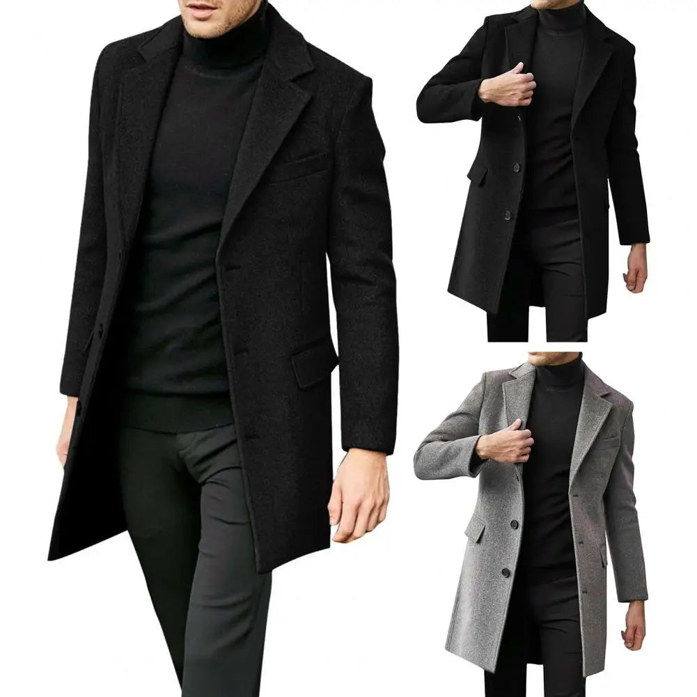 Flap Pocket Jacket Mid-length Warm Jacket Overcoat for Men with Lapel Flap Pockets Solid Color Single-breasted Suit for Winter