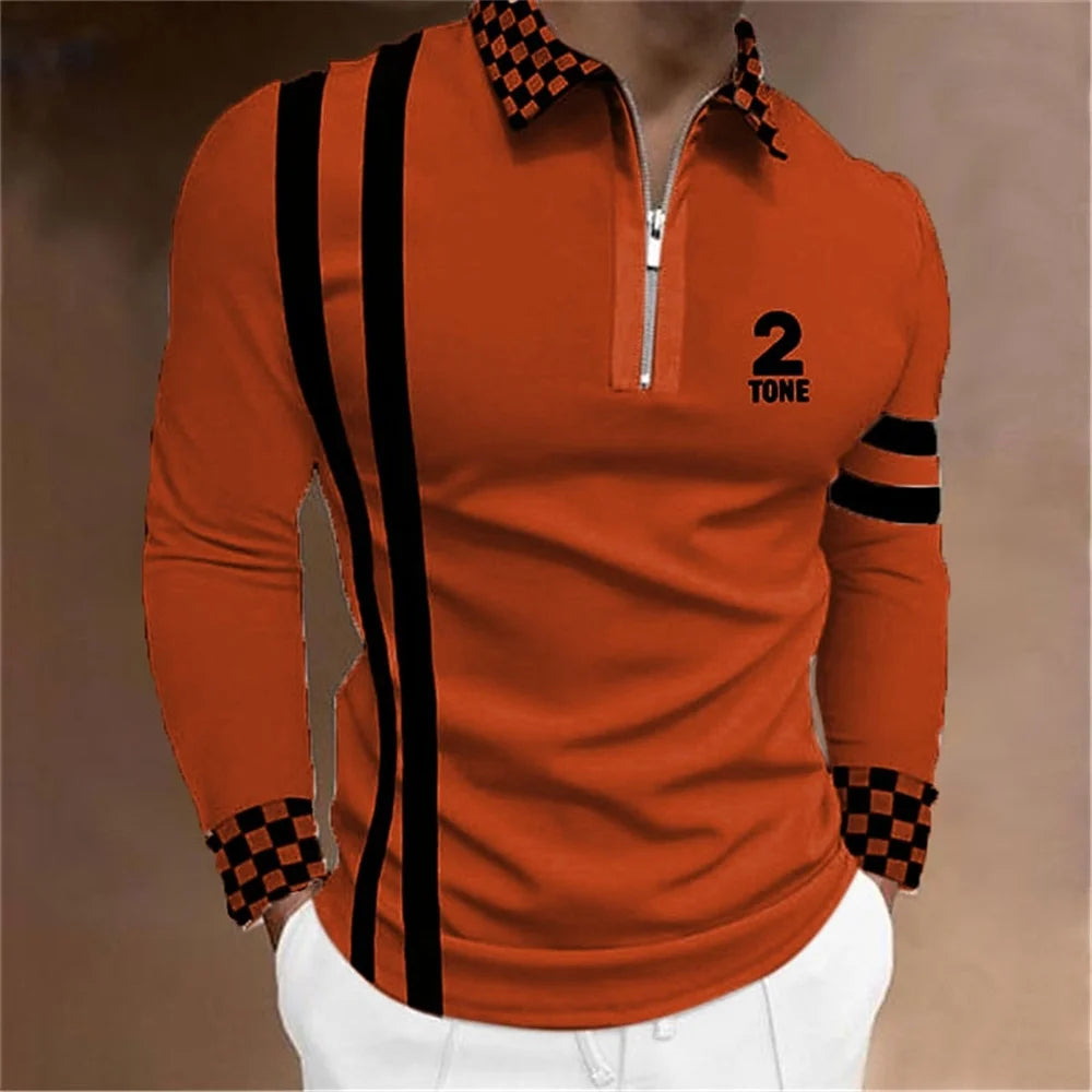 2024 New Fashion Men Long Sleeve Zipper Polo Shhirt , Abstract Appare  Men Casual Large Size Lapel Print Polo Shirt .