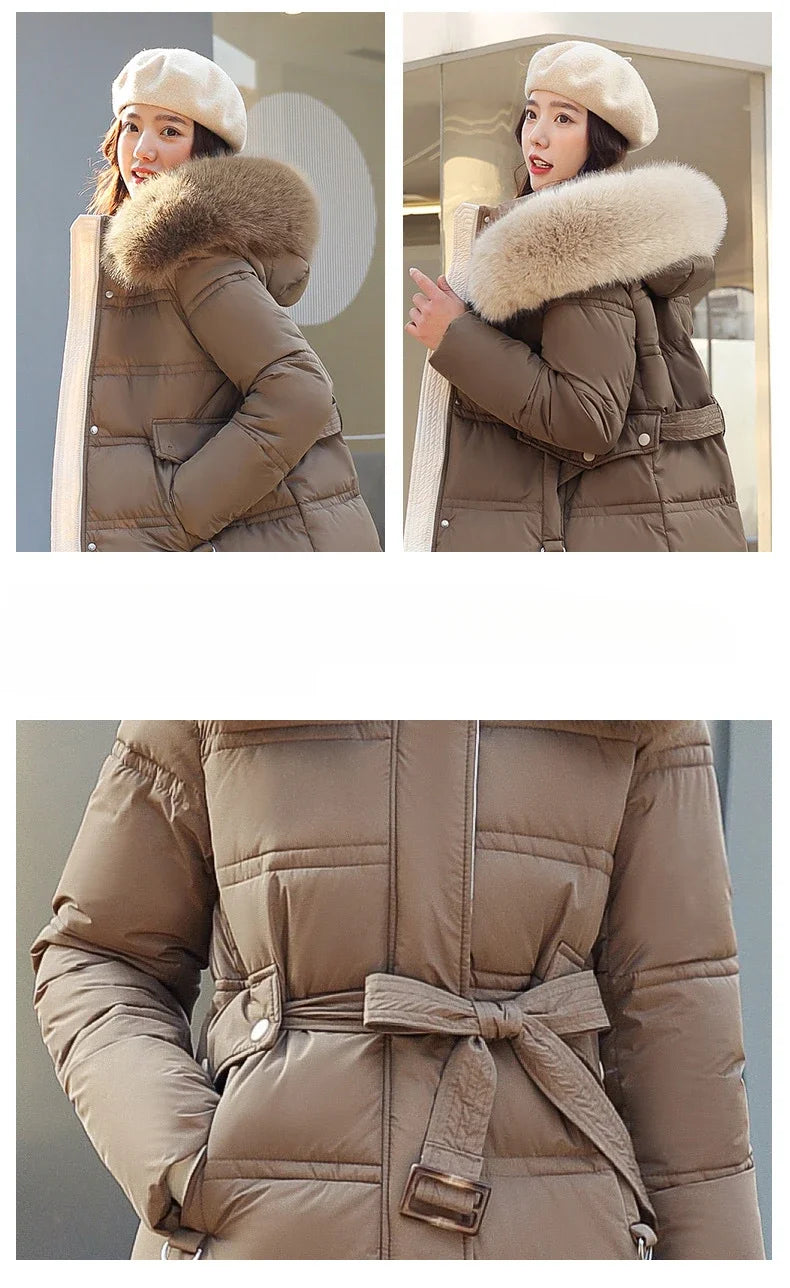 2024 Winter New Down Cotton Parkas Jacket Women's X-Long Faux Fur Collar Padded Jacket Thick Loose Large Size Padded Jacket