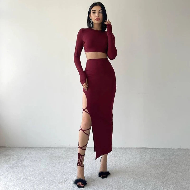 Pullover Long Sleeve Simple Crop Top Elastic Waist Halter High Split Legless Sexy Tie Solid Colour Half Skirt Set