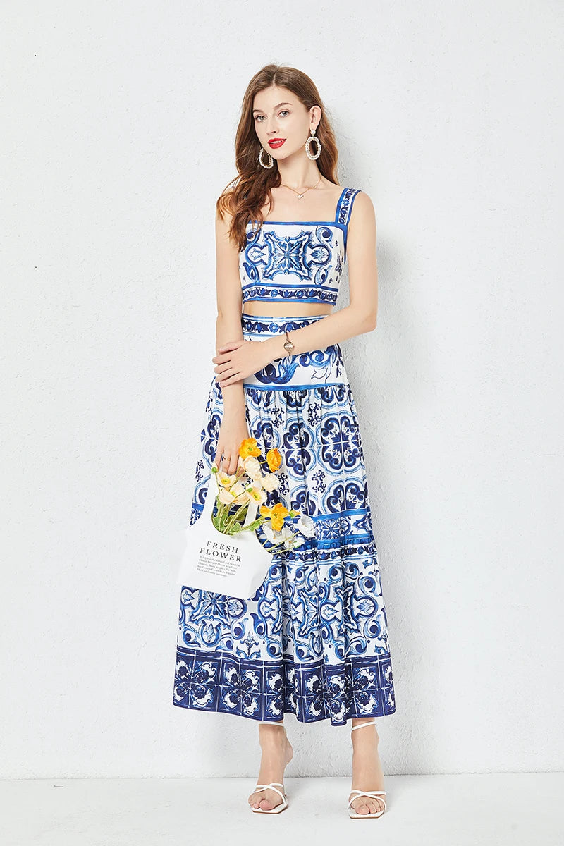 Summer Runway Blue And White Porcelain Two Piece Set Women Flower Print Short Crop Top + Holiday Beach Maxi Skirt Suits