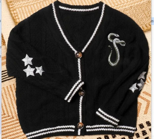 Autumn and Winter New Women's V-Neck Star Serpentine Embroidery Long Sleeve Single Breasted Loose Casual Sweater Coat Cool Style