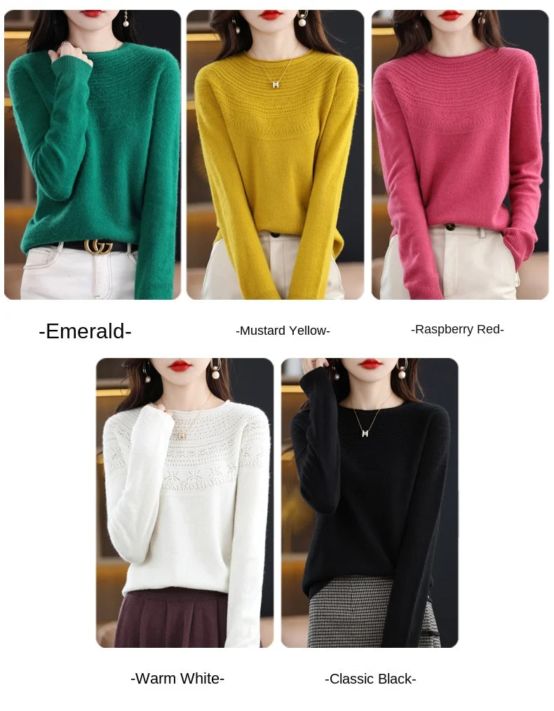 100% Merino Wool Knitted Sweater Autumn/Winter 2024 New Women's Round Neck Hollow Top 11 Color Pullover Versatile Coat NJR1107