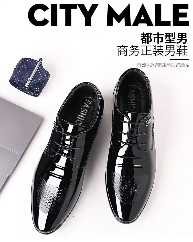 Trending Classic Men Dress Shoes for High Quality Men Oxfords Patent Leather Shoes Lace Up Formal Leather Wedding Party Shoes