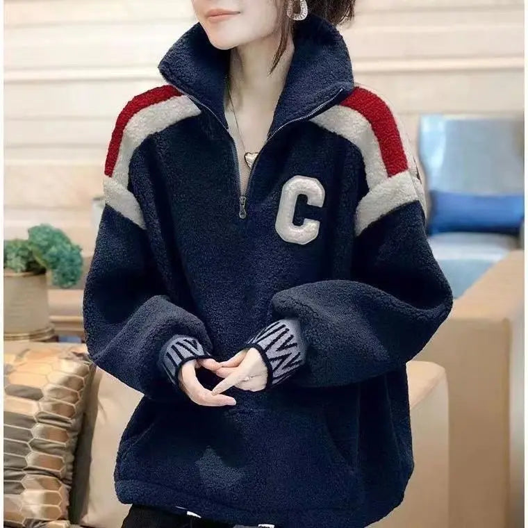 Imitation Lamb Plush Women's Sportswear Sweatshirts Autumn Winter Warm Top Sweater Pullover Retro Fashion Loose Sweater Coat