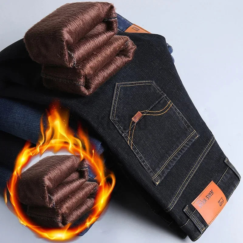 2024 Winter New Casual Men's Warm Fleece Jeans Classic Style Business Thicken Fur Regular Fit Denim Pants Brand Plush Trousers