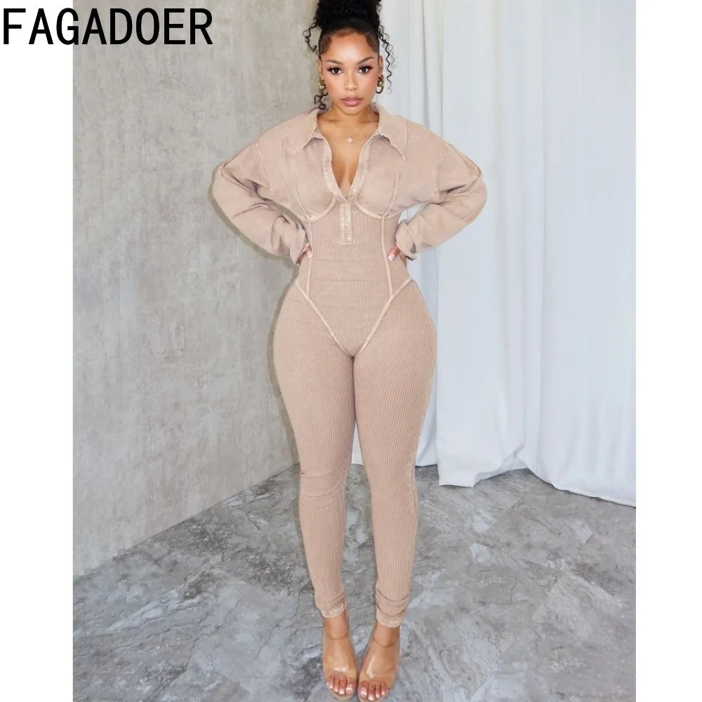 FAGADOER Fashion Solid High Quality Ribber Bodycon Jumpsuits Women V Neck Long Sleeve Slim Playsuits Female Elasticity Overalls