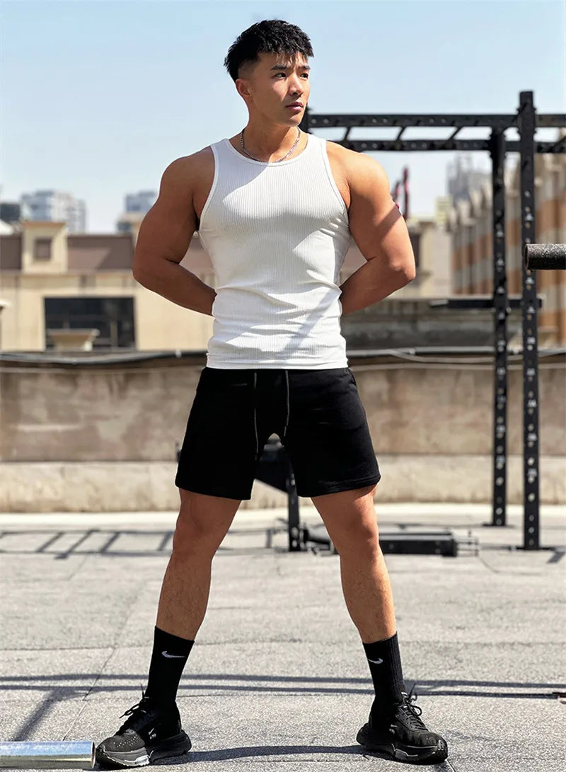 Men's vest Elasticity stripe Round Neck Oversized Sleeveless T-Shirt Gym Sports Fitness Running Training Bodybuilding Tank Top