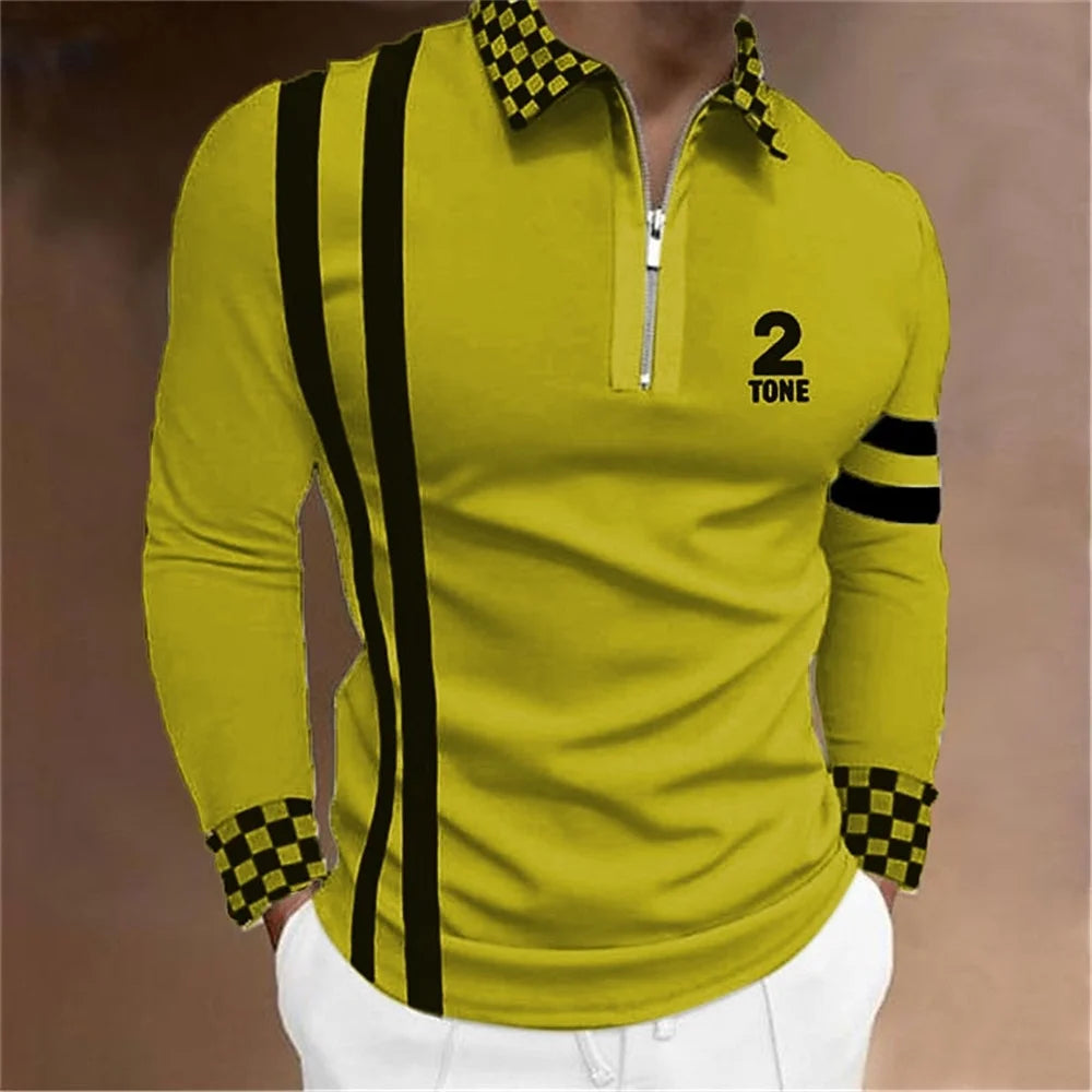 2024 New Fashion Men Long Sleeve Zipper Polo Shhirt , Abstract Appare  Men Casual Large Size Lapel Print Polo Shirt .