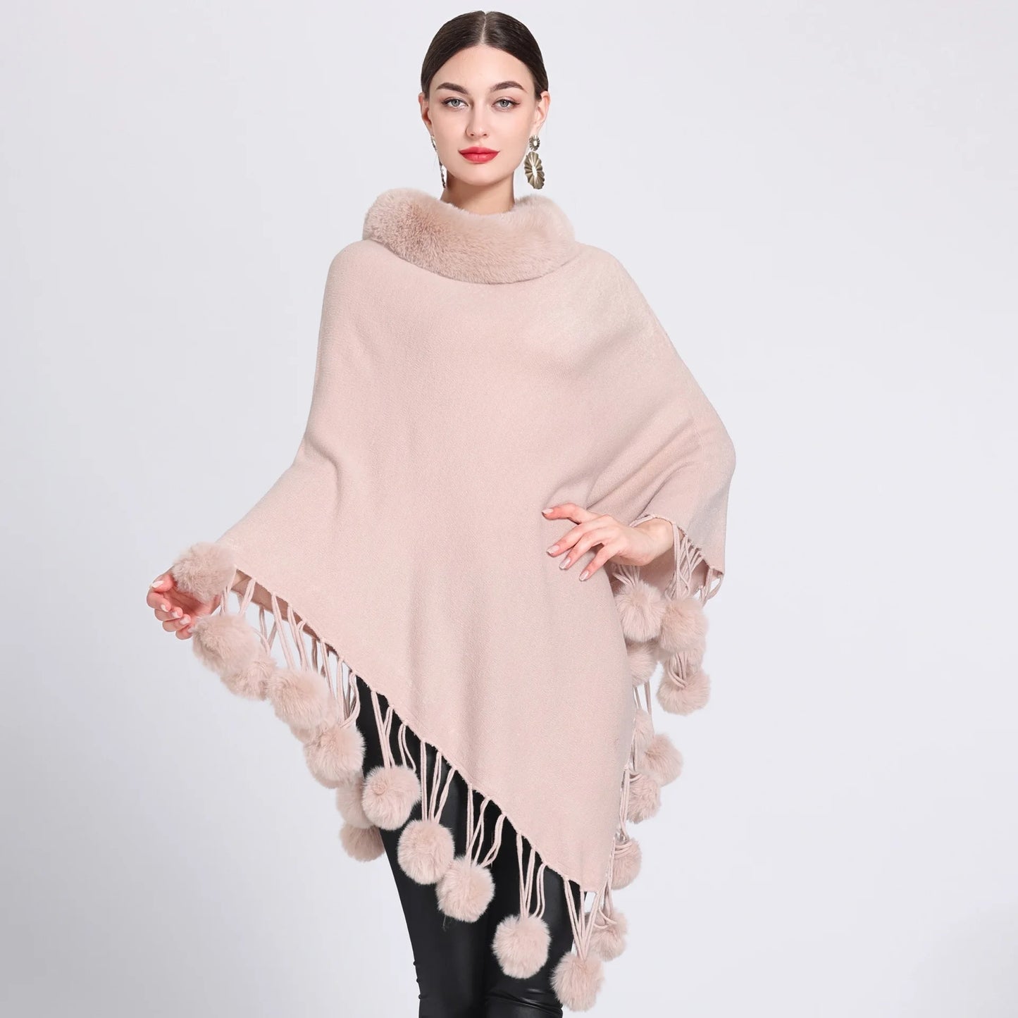 Poncho Scarf Fur Ball Decoration Shawl Faux Fur Collar Women's  Cape Fringed Asymmetric Cover Up Diamond Shawl