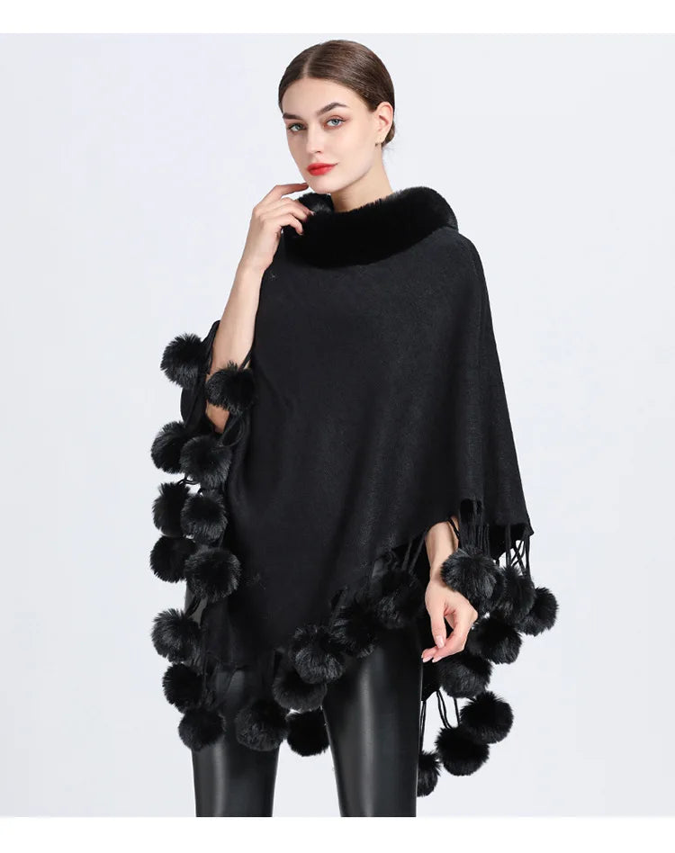 Poncho Scarf Fur Ball Decoration Shawl Faux Fur Collar Women's  Cape Fringed Asymmetric Cover Up Diamond Shawl