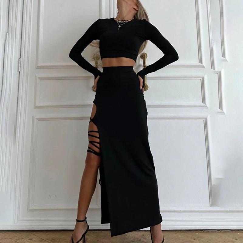 Pullover Long Sleeve Simple Crop Top Elastic Waist Halter High Split Legless Sexy Tie Solid Colour Half Skirt Set