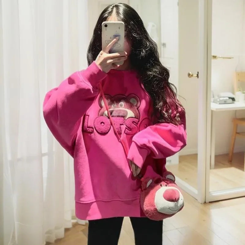 Disney Lotso Sweatshirts Y2K Cartoon Fashion Woman's Casual Printed Hooded Sweatshirt Autumn Winter Warm Loose Outdoor Tops Gift