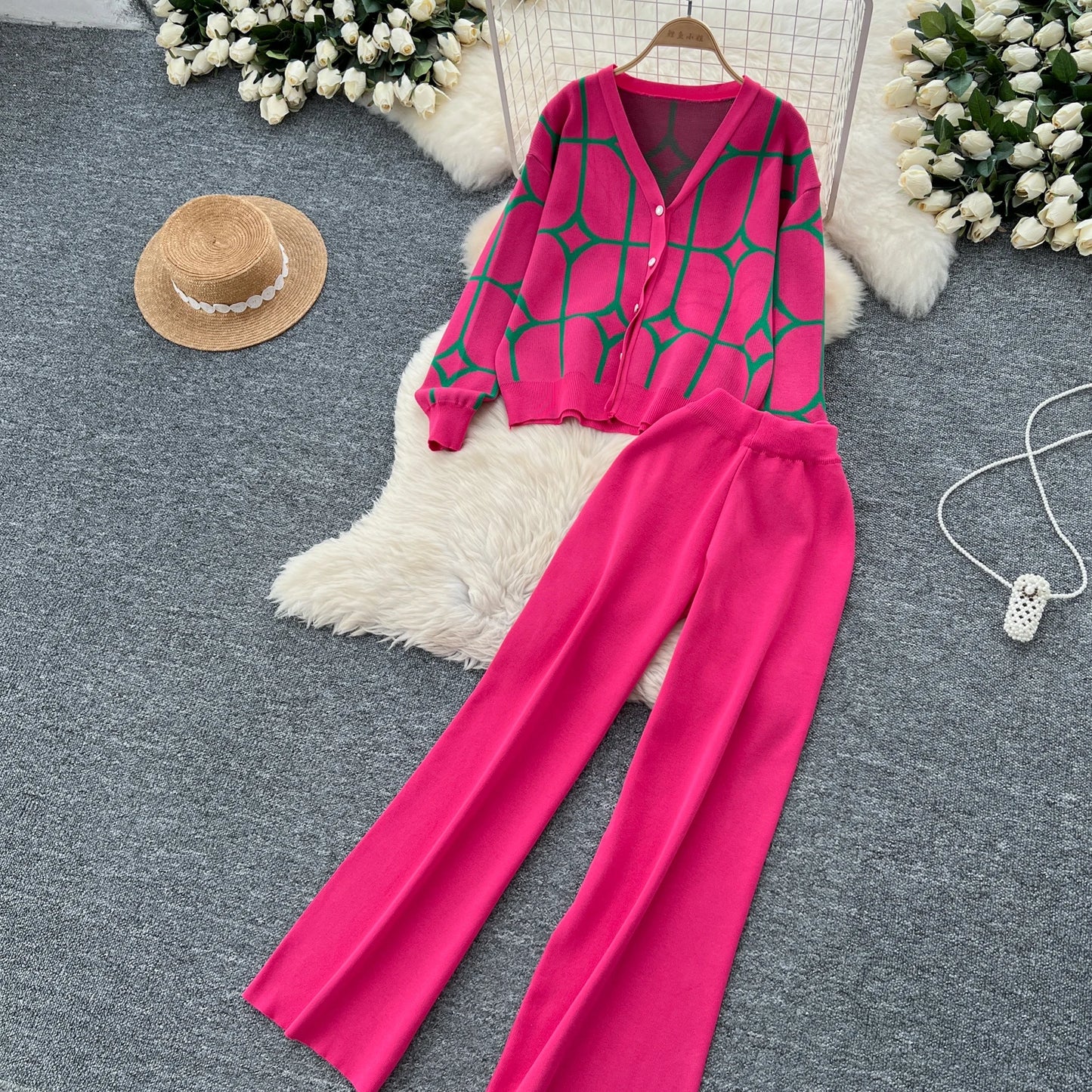 Knitted Two Piece Sets Women Autumn Winter Vintage Long Sleeved Printed Knitted Cardigan Sweater Wide Leg Pants Tracksuits