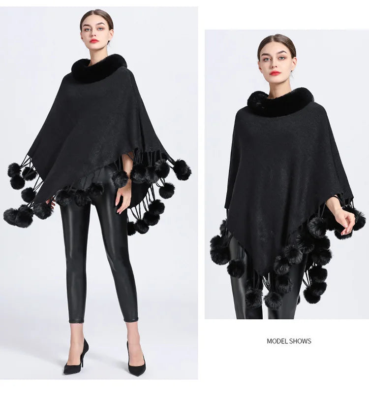 Poncho Scarf Fur Ball Decoration Shawl Faux Fur Collar Women's  Cape Fringed Asymmetric Cover Up Diamond Shawl