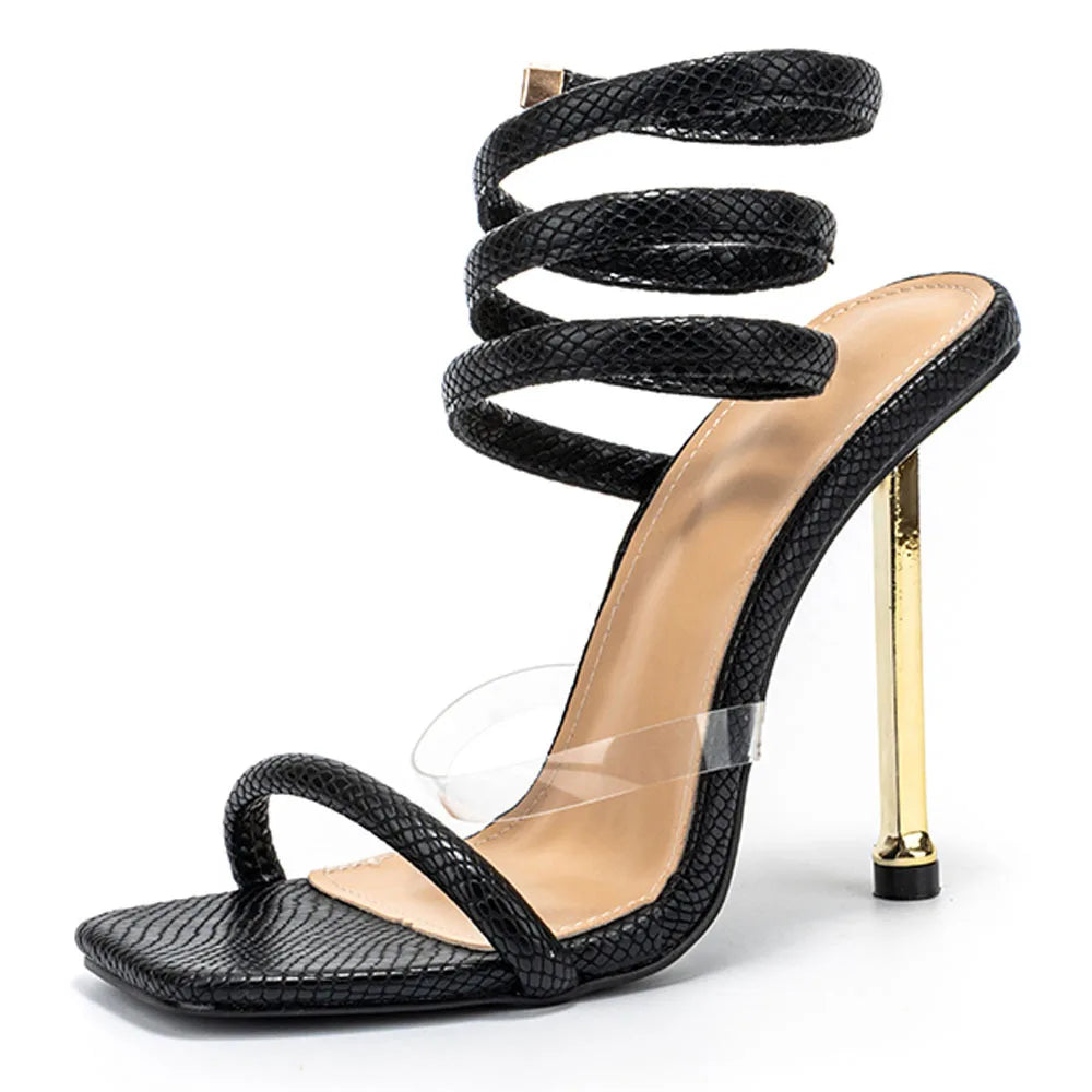 2022 New Style Square Head Open Toe Sexy Serpentine Winding Belt Ultra High Heel Women's Sandals  Open Toe Shoes  women shoes