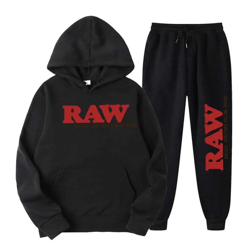 RAW Men's Set Hooded Fleece Hoodie Sweatpants Running Men's Two Pieces Set Autumn Winter Casual Woolen Sportswear Comfortable