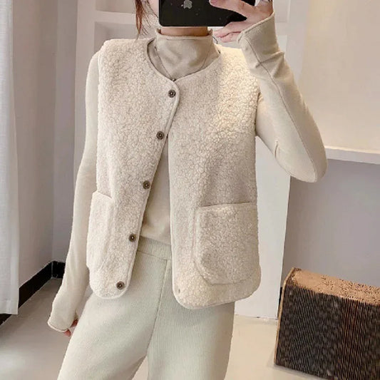 Sleeveless Solid Color Zipper Placket Two Pocket Plush Vest Autumn Winter Thickened Fleece Jacket Vest Women Waistcoat Outerwear