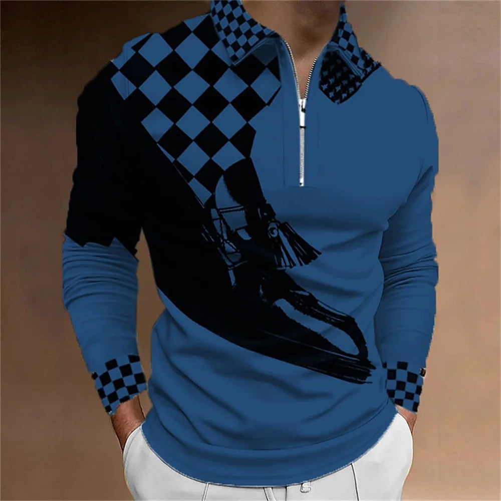 2024 New Fashion Men Long Sleeve Zipper Polo Shhirt , Abstract Appare  Men Casual Large Size Lapel Print Polo Shirt .