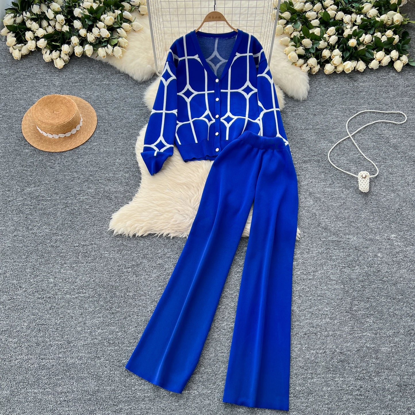 Knitted Two Piece Sets Women Autumn Winter Vintage Long Sleeved Printed Knitted Cardigan Sweater Wide Leg Pants Tracksuits