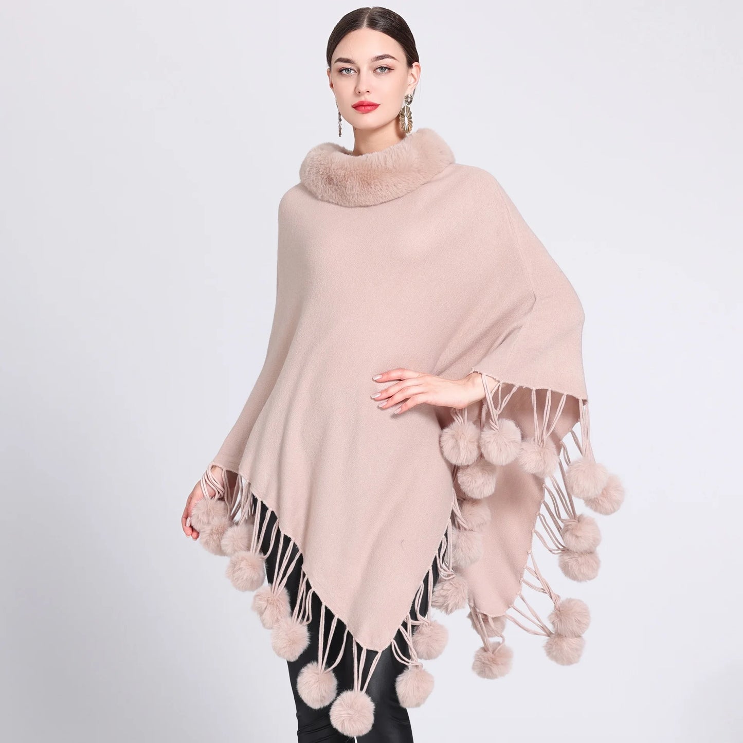 Poncho Scarf Fur Ball Decoration Shawl Faux Fur Collar Women's  Cape Fringed Asymmetric Cover Up Diamond Shawl