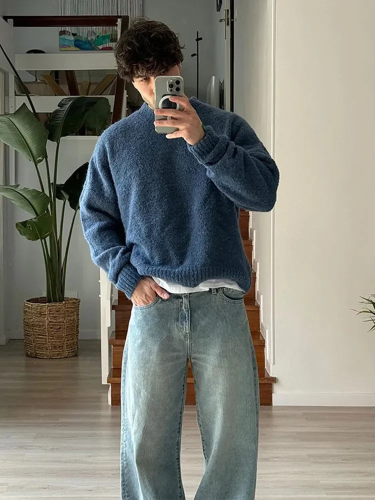 Fashion Solid Fleece Turtleneck Sweater For Male Casual Loose Long Sleeve Knitted Pullover 2024 Autumn Thicken Warm Men's Jumper