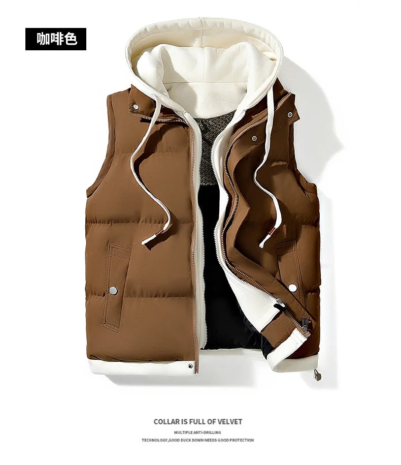 Autumn and winter down cotton vest for men and women, versatile, loose, trendy brand, fake two-piece vest, cotton jacket