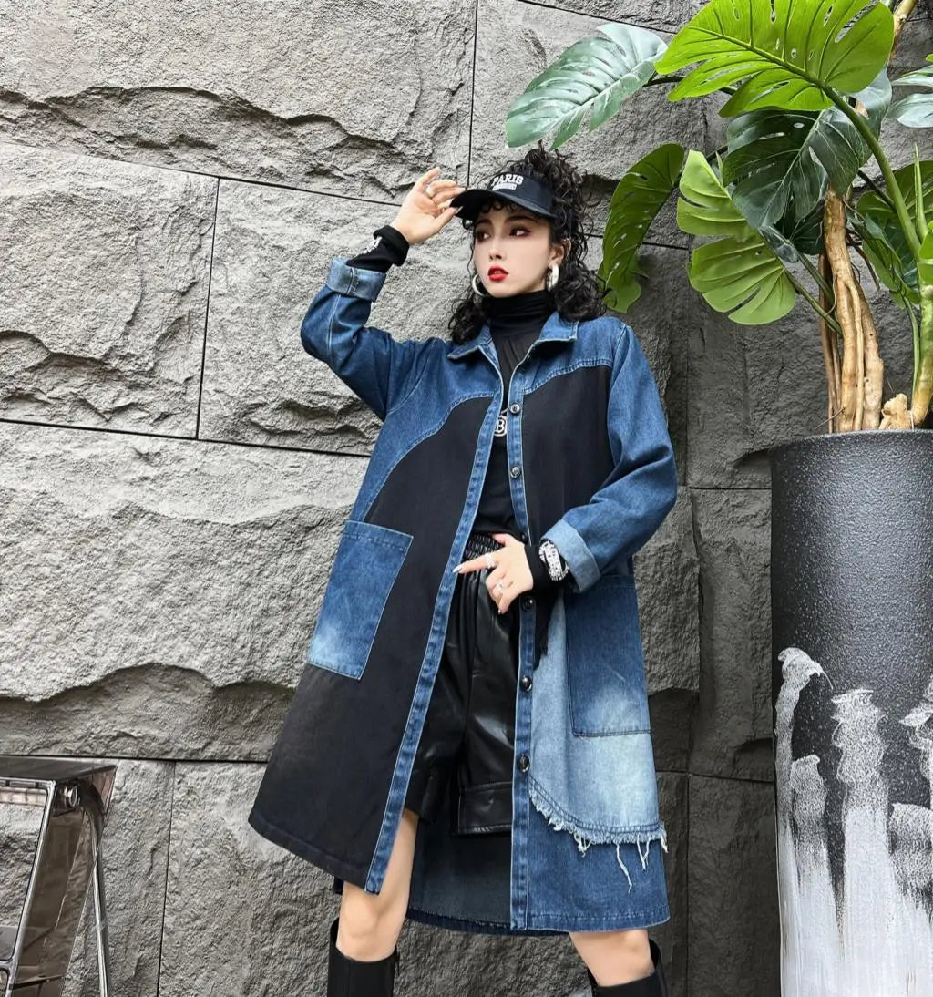 Oversized Denim Autumn Midi Trench Coat Women Fringe Fashion Patchwork Pleated Ladies Windbreaks Casual Loose Woman Trench 2023