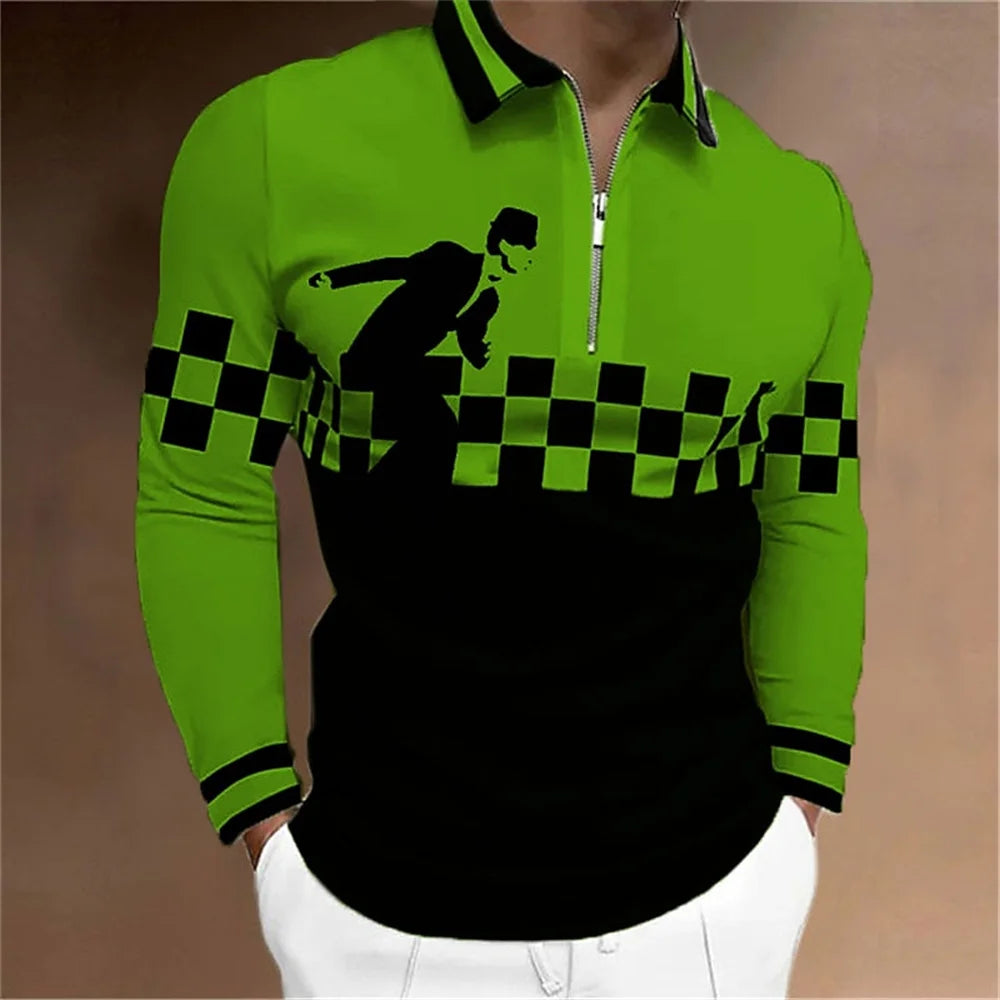 2024 New Fashion Men Long Sleeve Zipper Polo Shhirt , Abstract Appare  Men Casual Large Size Lapel Print Polo Shirt .