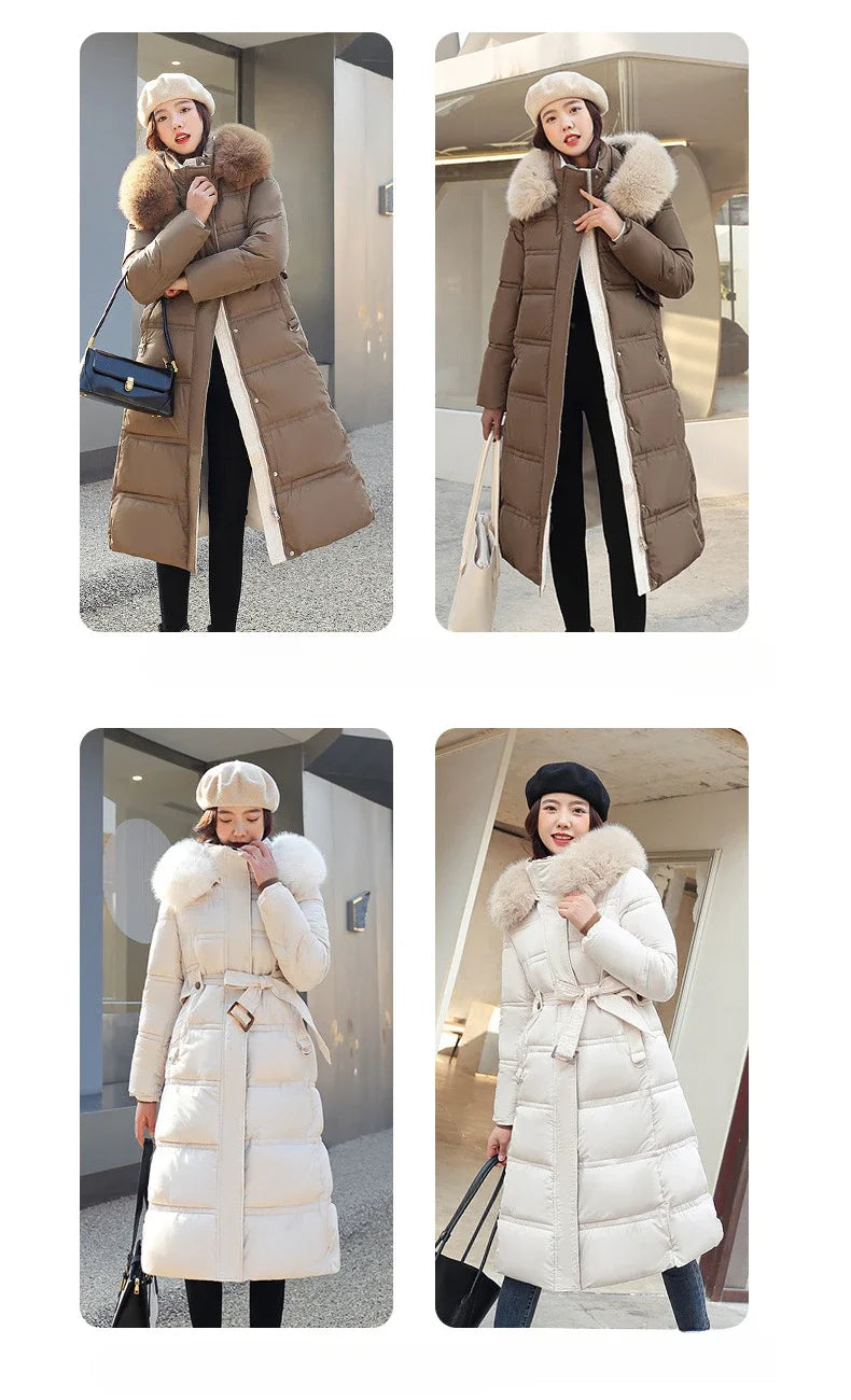 2024 Winter New Down Cotton Parkas Jacket Women's X-Long Faux Fur Collar Padded Jacket Thick Loose Large Size Padded Jacket