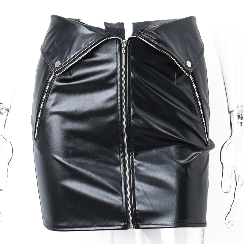 Candyhot Sexy Y2K PU Leather Zipper Casual Skirt Chic Multi Zip Fashion Slim Hip Skirts Summer Club Party High-waist Mini Dress