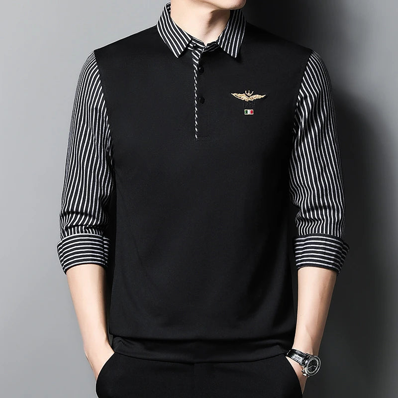 New Men's Casual and Fashionable Long Sleeved POLO Shirt with Contrasting Print Anti Wrinkle Top