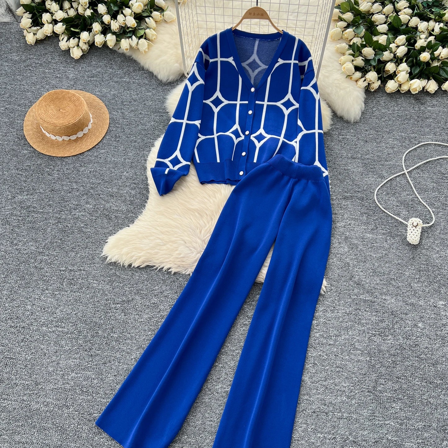 Knitted Two Piece Sets Women Autumn Winter Vintage Long Sleeved Printed Knitted Cardigan Sweater Wide Leg Pants Tracksuits