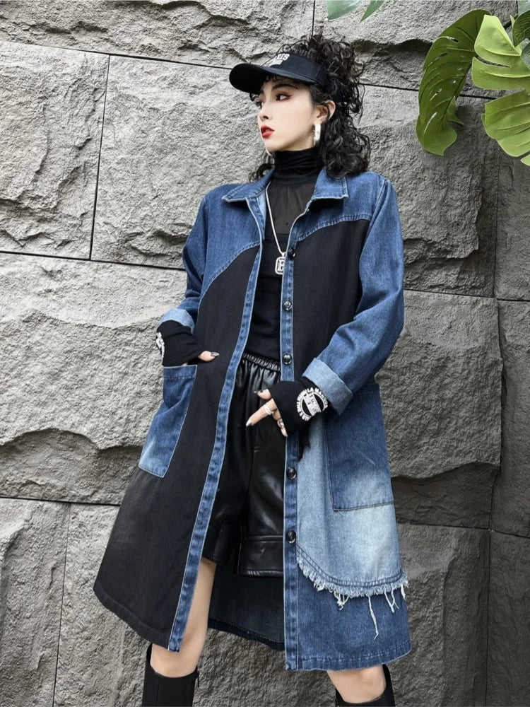 Oversized Denim Autumn Midi Trench Coat Women Fringe Fashion Patchwork Pleated Ladies Windbreaks Casual Loose Woman Trench 2023