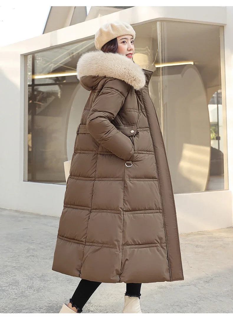 2024 Winter New Down Cotton Parkas Jacket Women's X-Long Faux Fur Collar Padded Jacket Thick Loose Large Size Padded Jacket