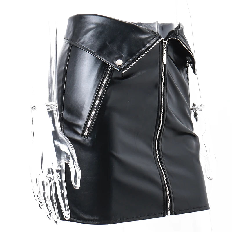 Candyhot Sexy Y2K PU Leather Zipper Casual Skirt Chic Multi Zip Fashion Slim Hip Skirts Summer Club Party High-waist Mini Dress