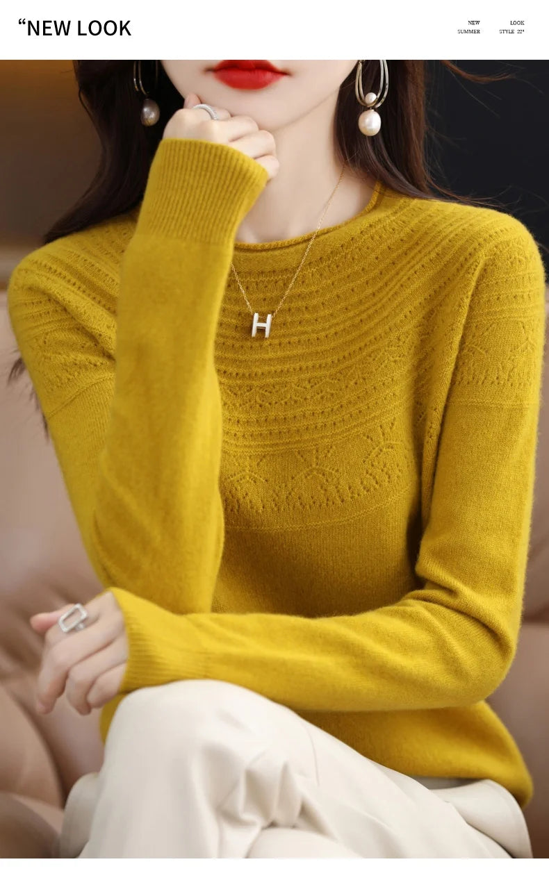 100% Merino Wool Knitted Sweater Autumn/Winter 2024 New Women's Round Neck Hollow Top 11 Color Pullover Versatile Coat NJR1107