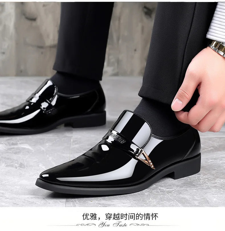 Men's Leather Shoes Paten Oxford Shoes for Men Slip on Bright Leather Business Casual Shoes Footwear Pointed Toe Shoes for Man