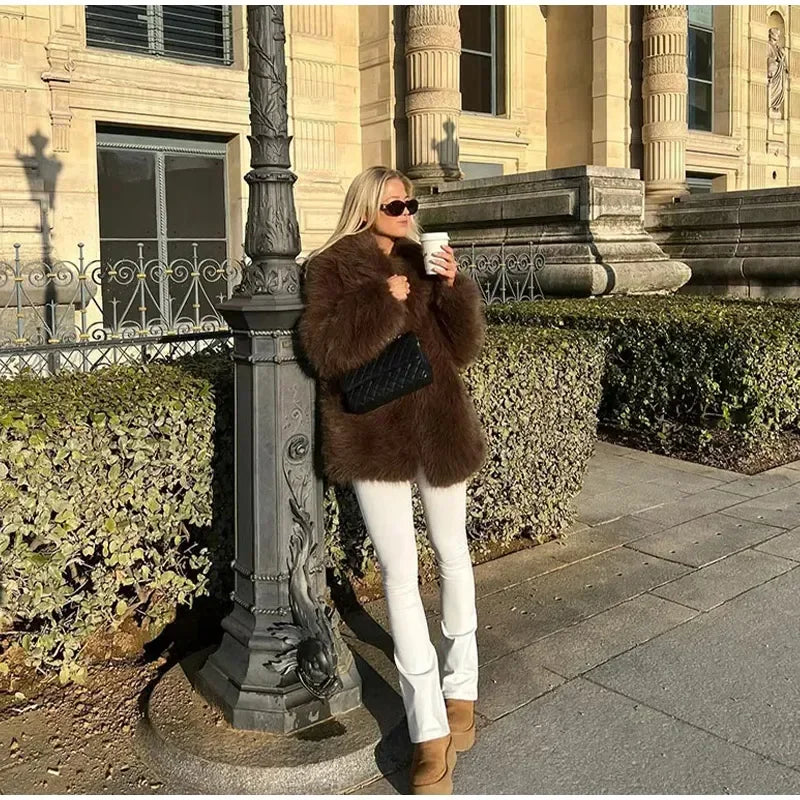 Luxury Brown Women Faux Fur Jacket Oversized Lapel Long Sleeve Warm Fluffy Coats 2024 Winter Female Loose Streetwear Outwears