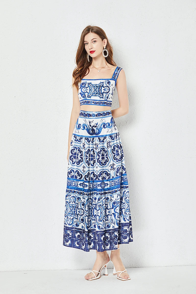 Summer Runway Blue And White Porcelain Two Piece Set Women Flower Print Short Crop Top + Holiday Beach Maxi Skirt Suits